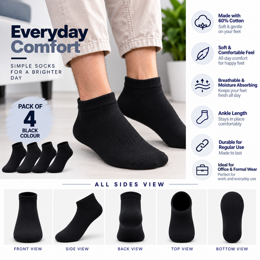 Men's Formal Ankle Socks – Pack of 4 | Black | Cotton