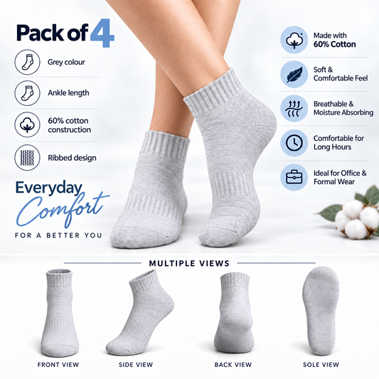 Men's Formal Ankle Socks – Pack of 4 | Silver Grey | Cotton