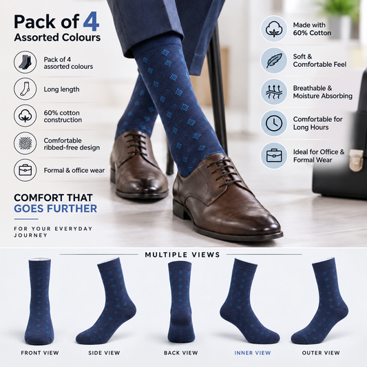 Men's Long Formal Socks – Pack of 4 | Multicolour |Cotton