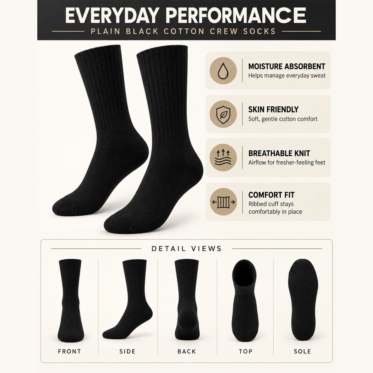 Unisex Gym Long Socks – Pack of 3 | Black | Combed Cotton