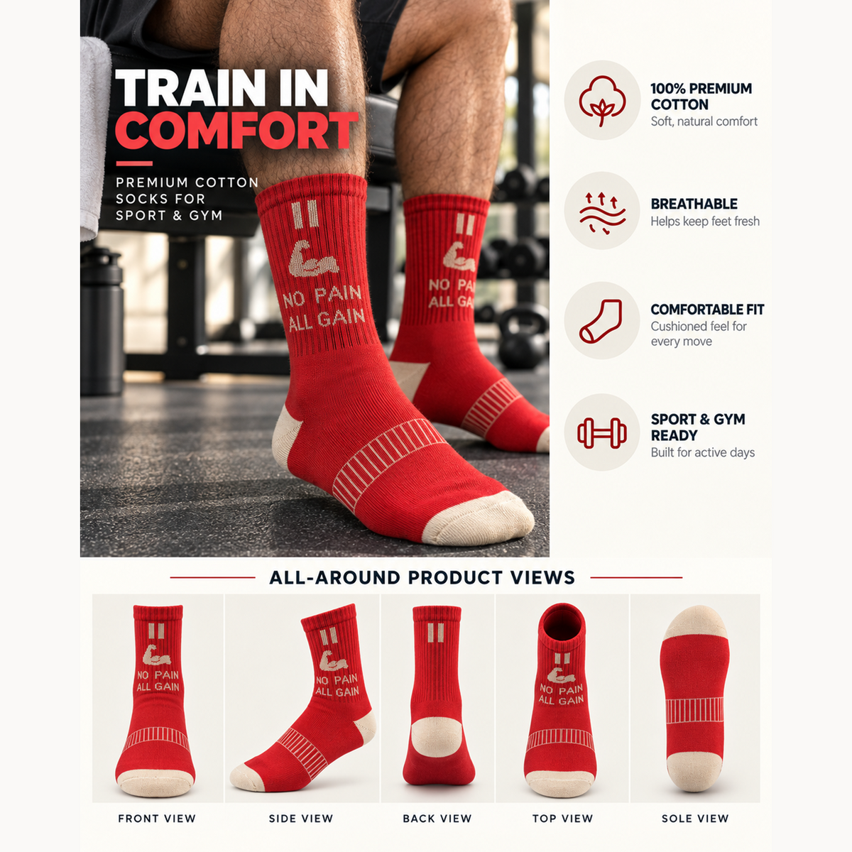 Unisex Gym Long Socks – Pack of 3 | Red | Combed Cotton