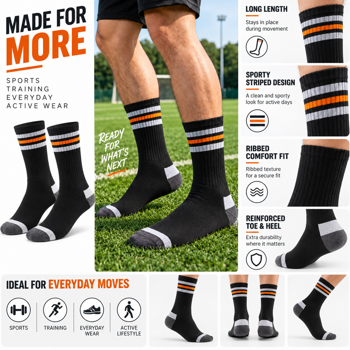 Unisex Gym Long Socks – Pack of 3 | Black | Combed Cotton