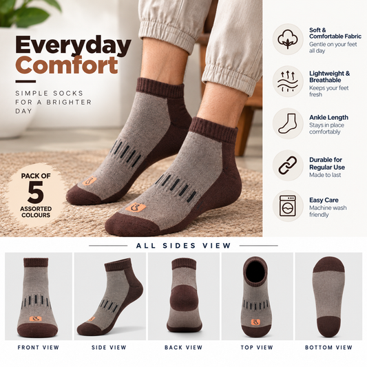 Men's Basic Ankle Socks – Pack of 5 | Multicolour | Ribbed