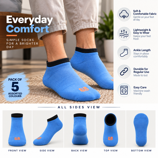 Men's Basic Ankle Socks – Pack of 5 | Multicolour | Ribbed