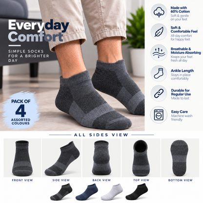 Men's Formal Ankle Socks – Pack of 4 | Multicolour | Cotton