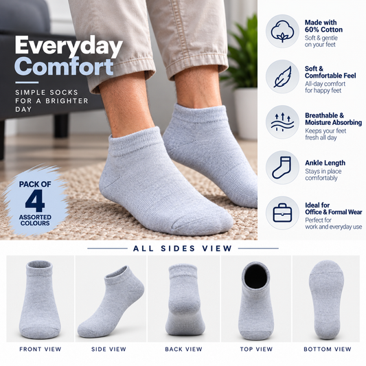 Men's Formal Ankle Socks – Pack of 4 | Multicolour | Cotton