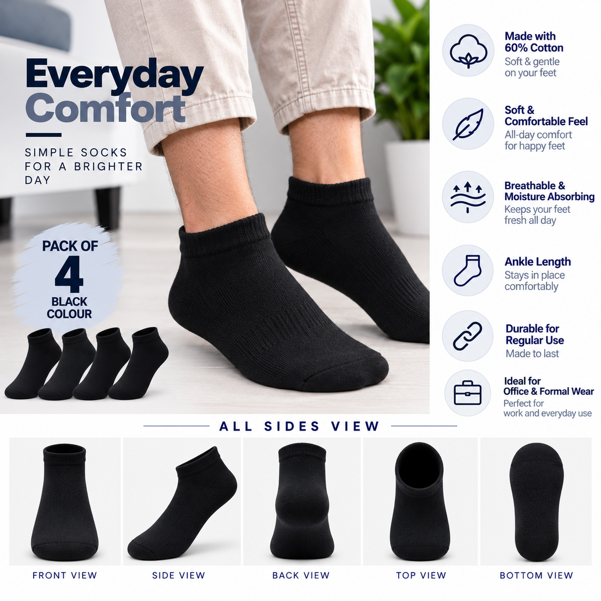 Men's Formal Ankle Socks – Pack of 4 | Black | Cotton