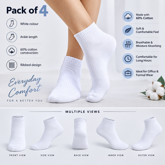 Men's Formal Ankle Socks – Pack of 4 | White | Cotton