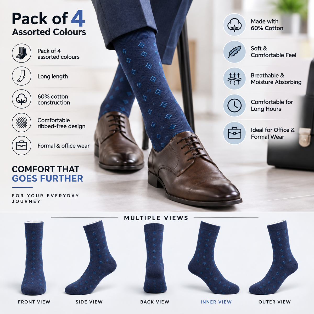 Men's Long Formal Socks – Pack of 4 | Multicolour |Cotton