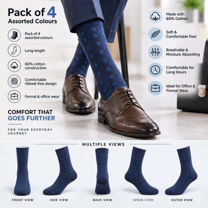 Men's Long Formal Socks – Pack of 4 | Multicolour |Cotton