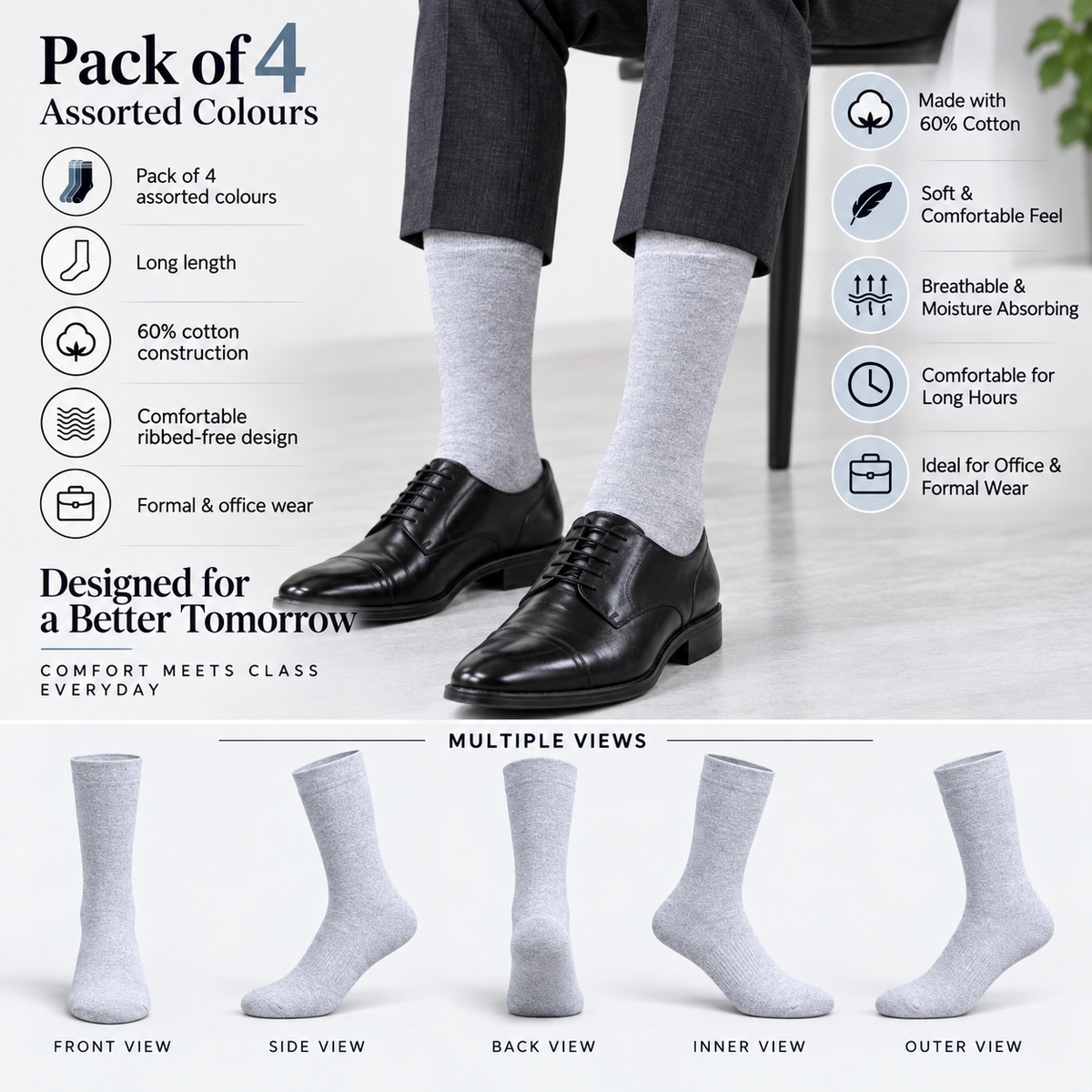 Men's Long Formal Socks – Pack of 4 | Multicolour | Cotton