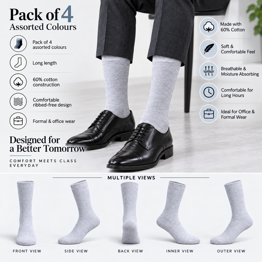 Men's Long Formal Socks – Pack of 4 | Multicolour | Cotton