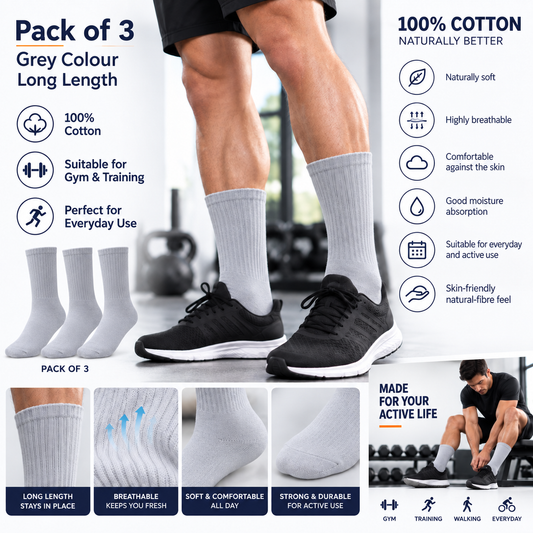 Unisex Gym Long Socks – Pack of 3 | Grey | Combed Cotton