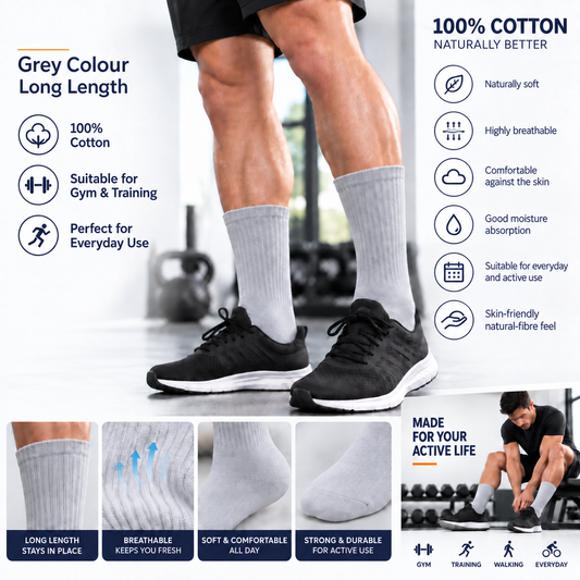 Unisex Gym Long Socks | Grey | Combed Cotton
