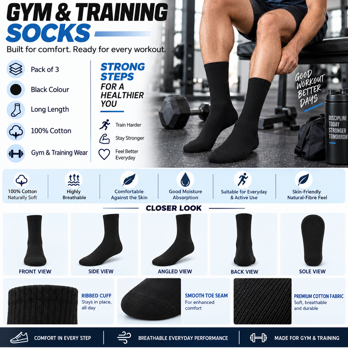 Unisex Gym Long Socks – Pack of 3 | Black | Combed Cotton