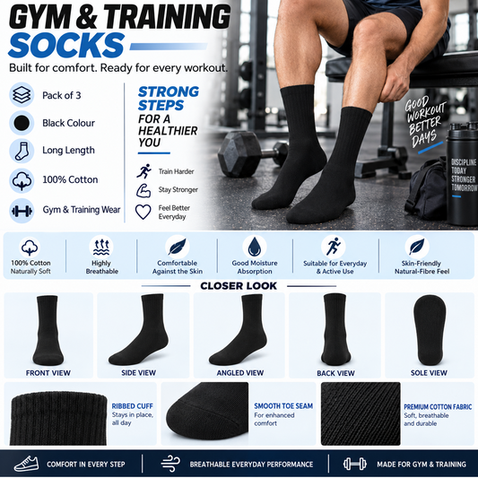 Unisex Gym Long Socks – Pack of 3 | Black | Combed Cotton