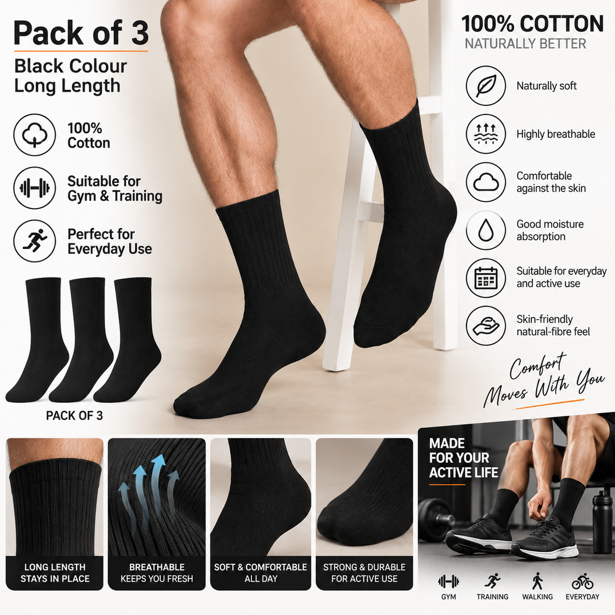 Unisex Gym Long Socks – Pack of 3 | Black | Combed Cotton