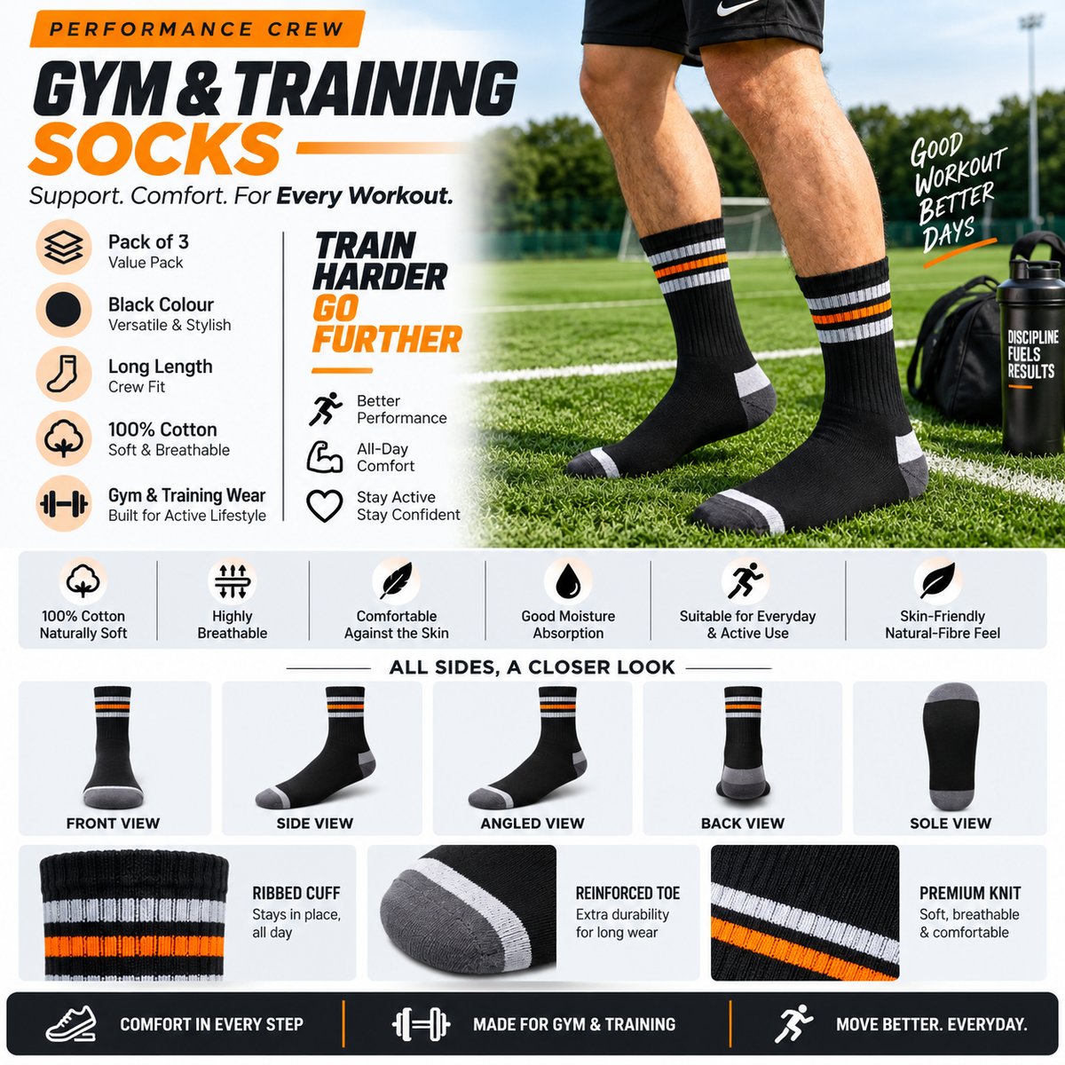 Unisex Gym Long Socks – Pack of 3 | Black | Combed Cotton
