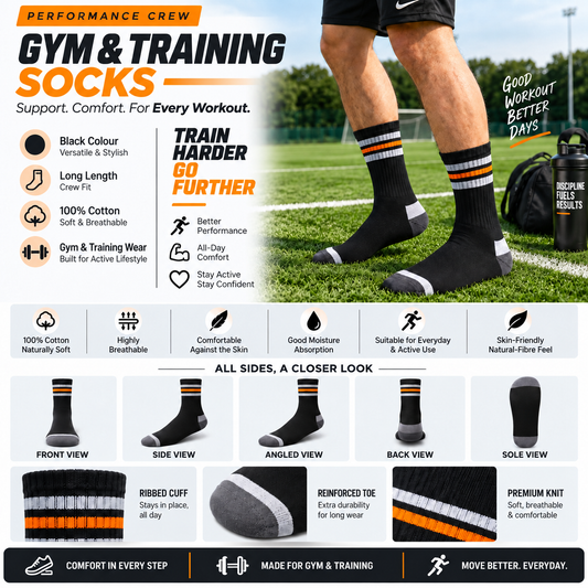 Unisex Gym Long Socks | Black | Combed Cotton
