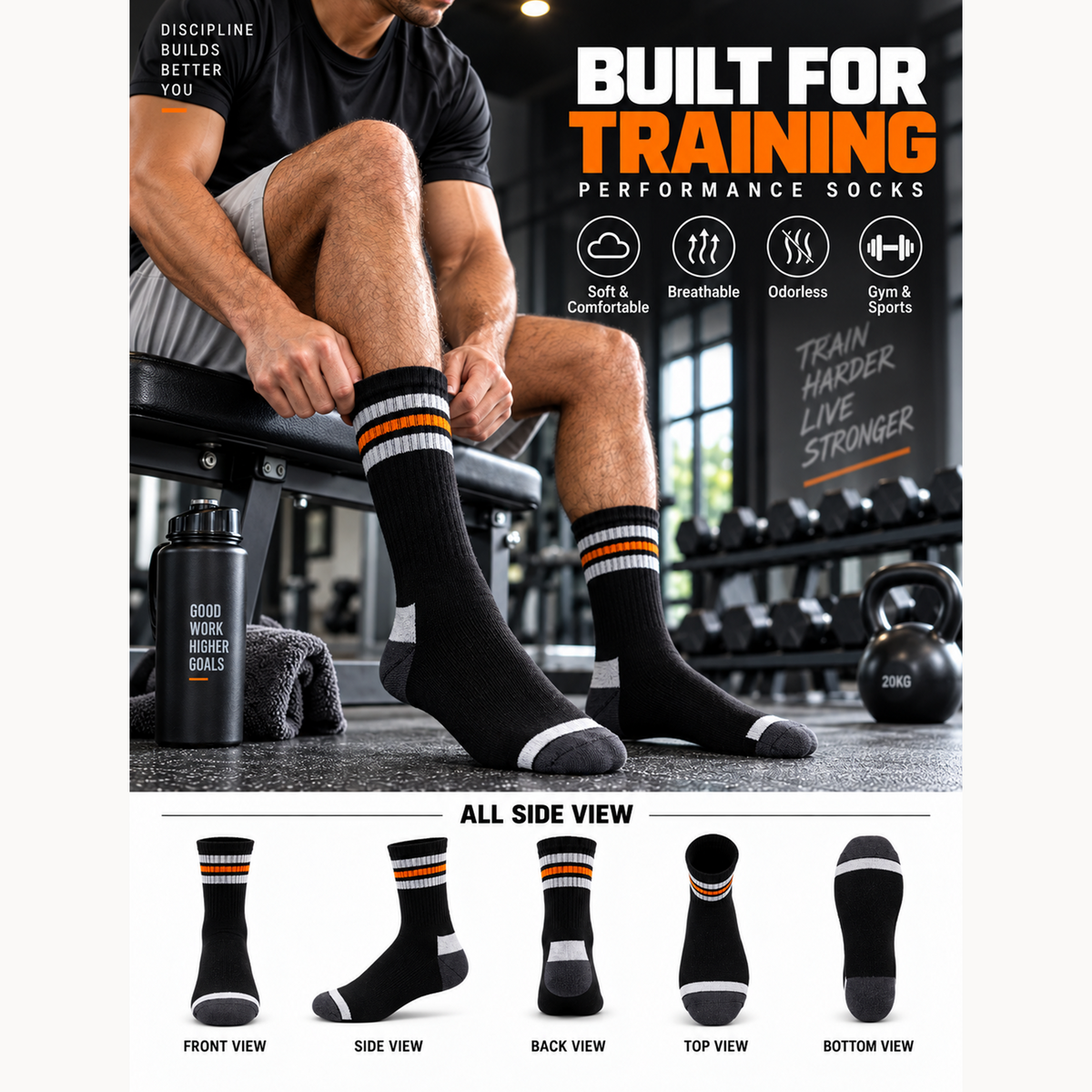 Unisex Gym Long Socks – Pack of 3 | Black | Combed Cotton