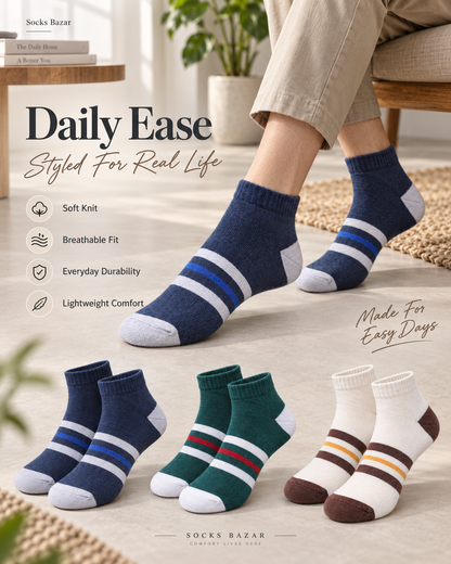 Unisex GenZ Ankle Socks – Pack of 3 | Multicolour | Combed Cotton