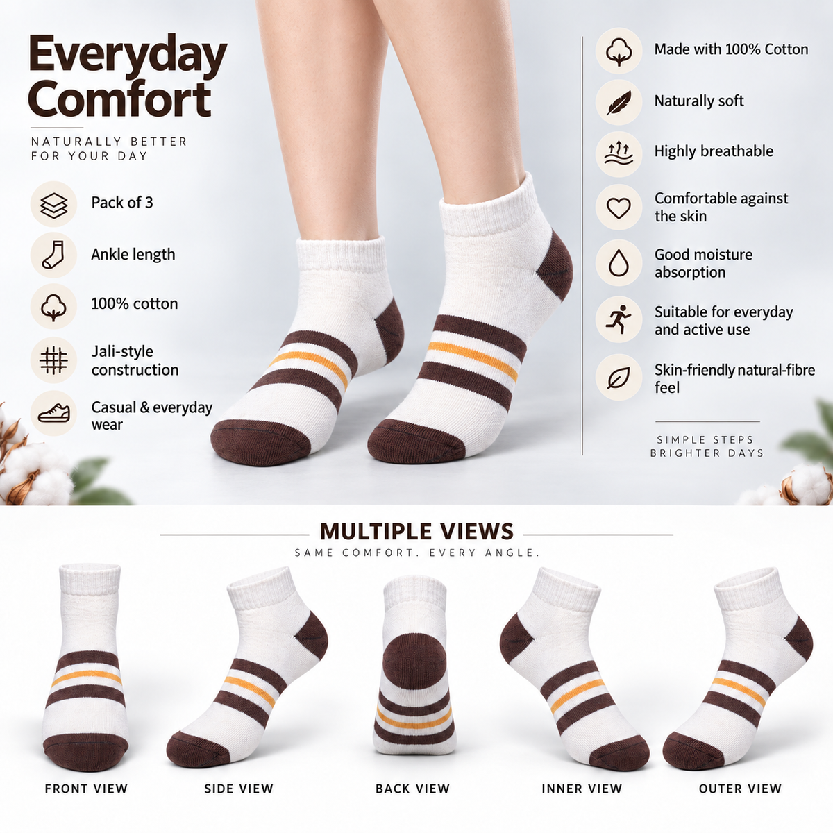 Unisex GenZ Ankle Socks – Pack of 3 | Multicolour | Combed Cotton