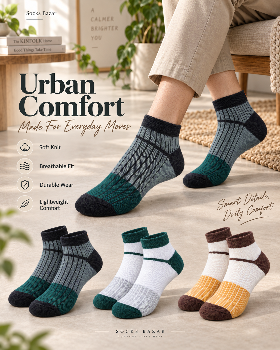 Unisex GenZ Ankle Socks – Pack of 3 | Multicolour | Combed Cotton