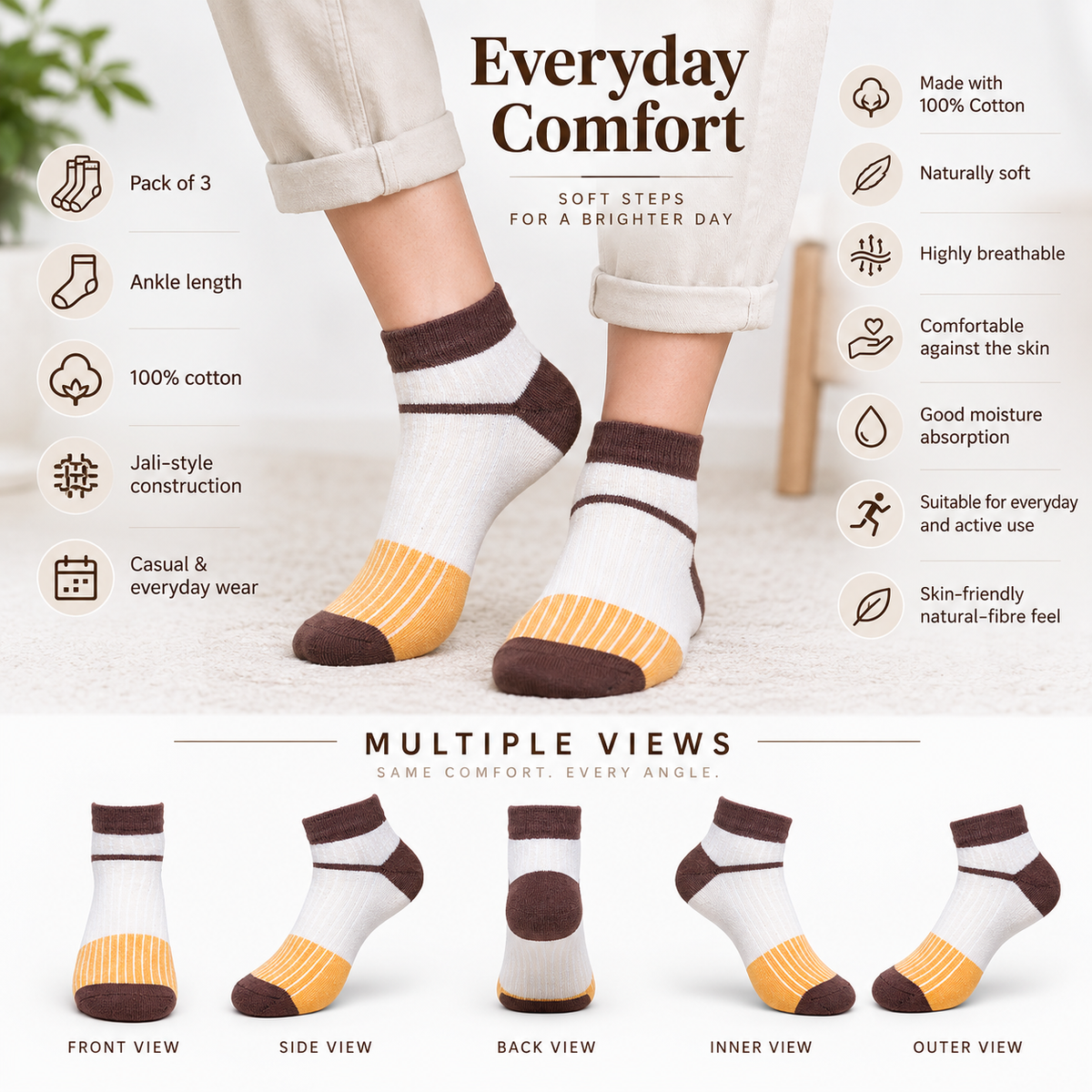 Unisex GenZ Ankle Socks – Pack of 3 | Multicolour | Combed Cotton
