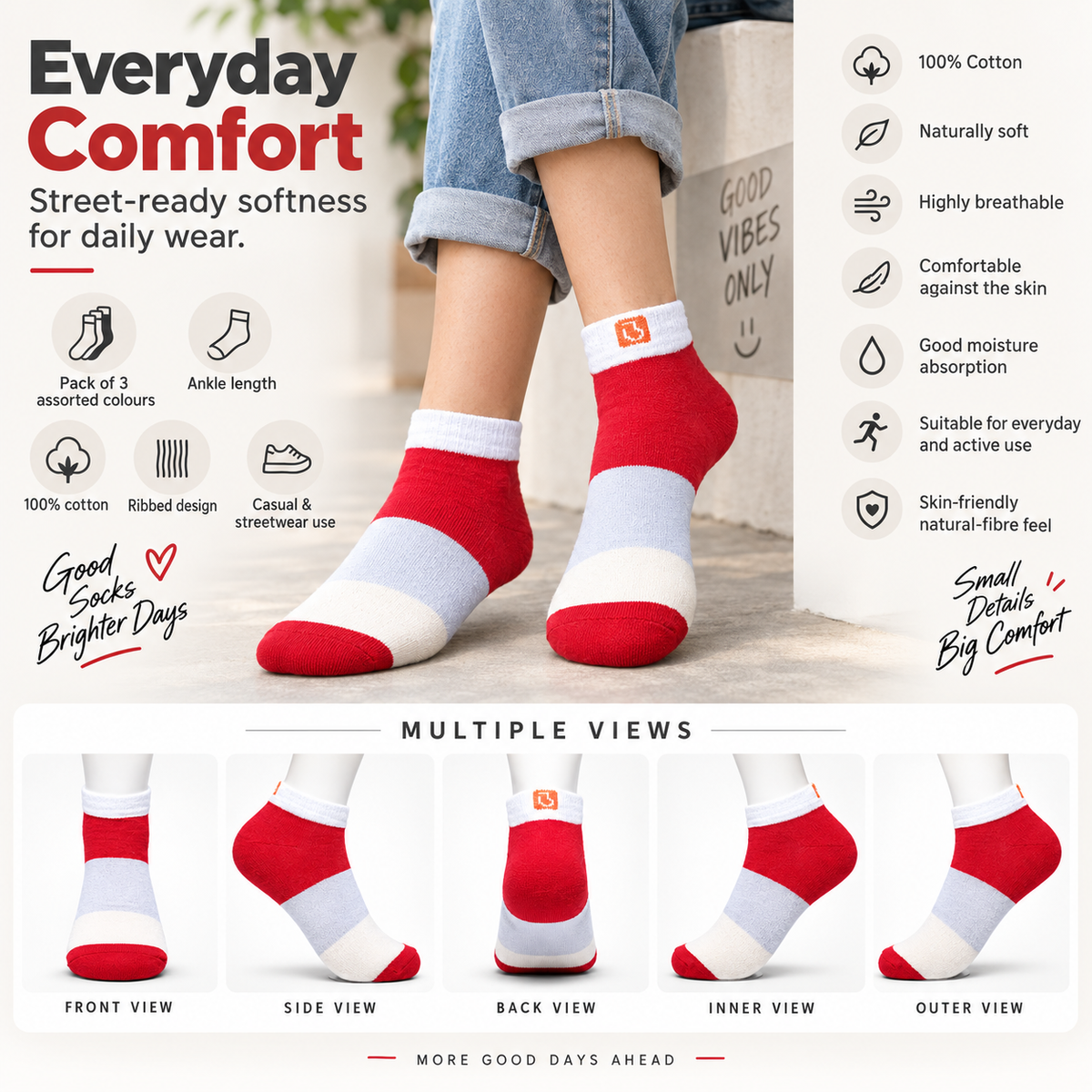 Unisex GenZ Ankle Socks – Pack of 3 | Multicolour | Combed Cotton