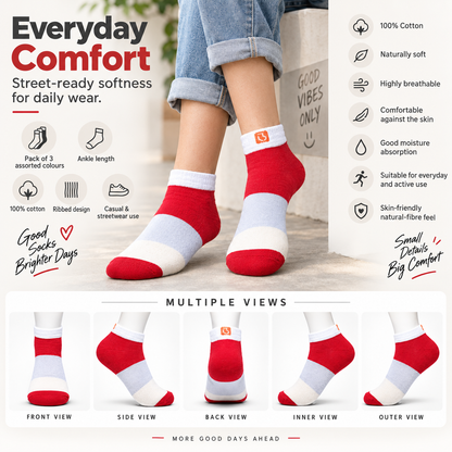 Unisex GenZ Ankle Socks – Pack of 3 | Multicolour | Combed Cotton