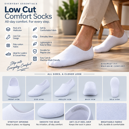 Men's Plain Loafer Low Cut Socks – Pack of 6 | Multicolour