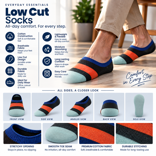 Men's Loafer Low Cut Socks – Pack of 6 | Multicolour