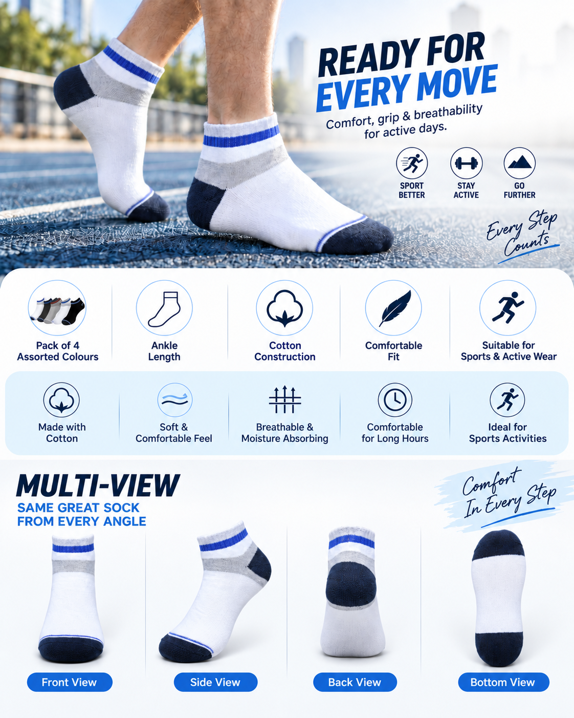 Unisex Sports Ankle Socks – Pack of 4 | Multicolour | Cotton
