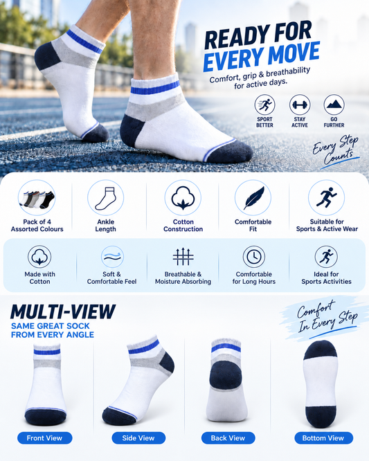 Unisex Sports Ankle Socks – Pack of 4 | Multicolour | Cotton
