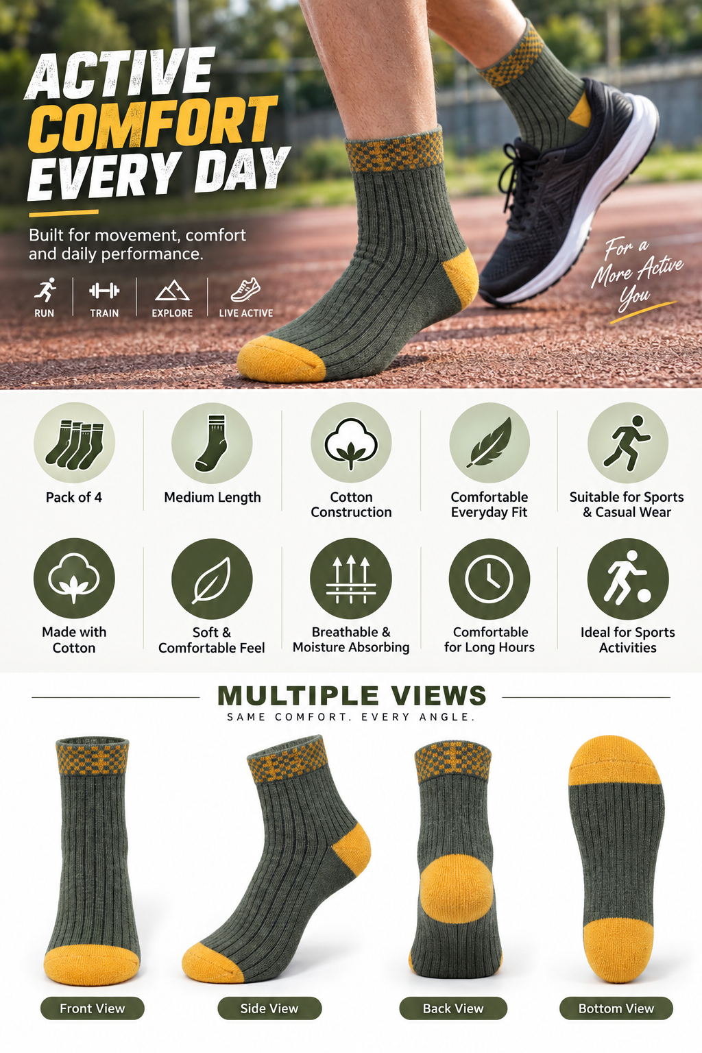 Unisex Sports Medium Socks – Pack of 4 | Multicolour | Cotton